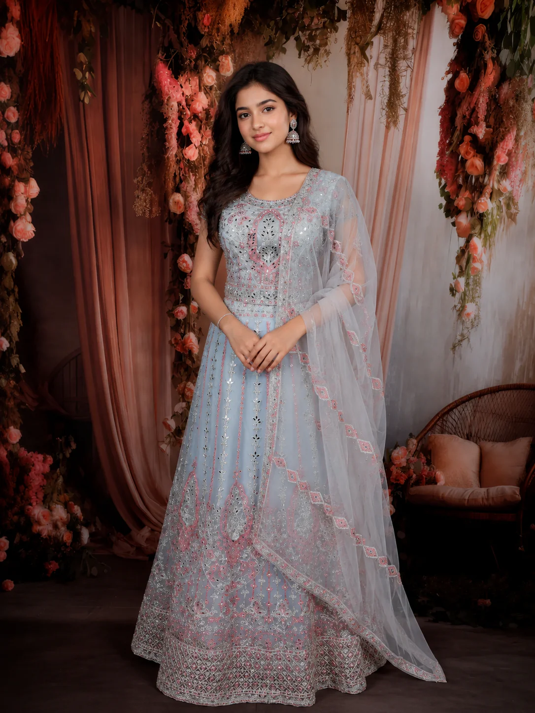 Powder Blue Floral Thread and Mirror Embroidered Design Net Lehenga with Dupatta
